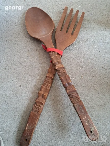 голяма дървена лъжица и вилица   20/1, снимка 1