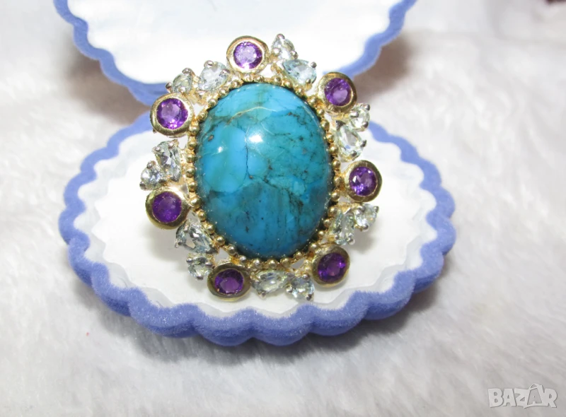 925 сребърен пръстен с 32 карата тюркоаз камък 22x17мм, общо тегло 15.8гр., снимка 1