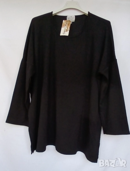 Дамска макси черна еластична блуза с дълъг ръкав., снимка 1