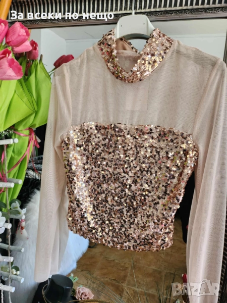 Дамска Бежова Блестяща Блуза С Дълъг Ръкав Код I_114, снимка 1