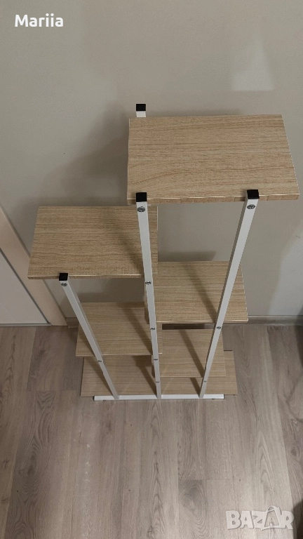 Поставка за цветя, метална, бяла, с 6 дървени рафта, 113 x 60 x 20 cm, снимка 1