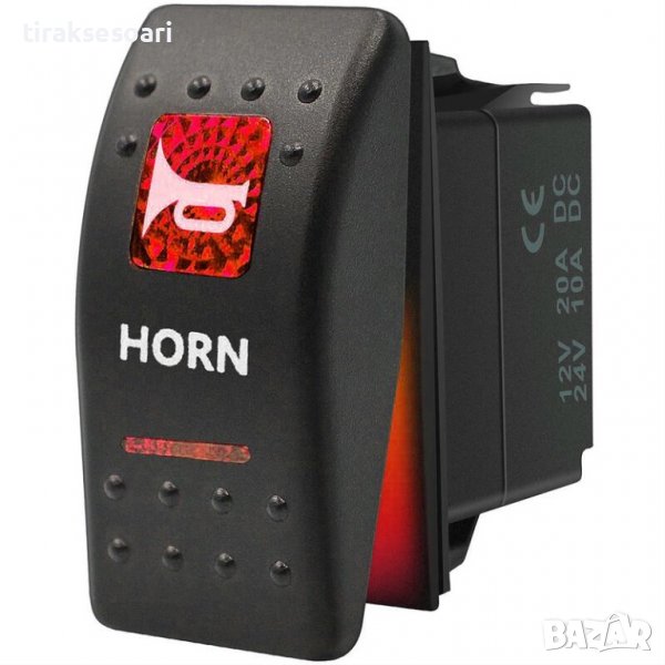 Копче, Бутон, За Вграждане, За Тромба, Клаксон, 12V - 24V, Надпис HORN , Червена Светлина, снимка 1