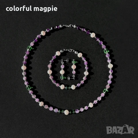 Комплект гривна гердан и обеци от естествени перли, аметисти, сваровски swarovski кристали и сребро