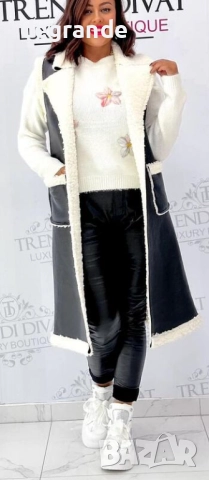 Дълъг кожен елек с каракул, снимка 3 - Елеци - 52624266