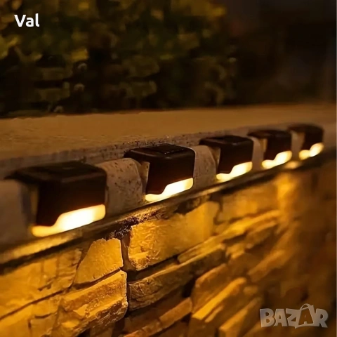 Комплект от 4 броя соларни LED лампи за стълби и огради – Водоустойчиви IP44, топла светлина, снимка 7 - Лед осветление - 53833193