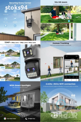 15 МР безжична камера с монтаж, 4K Ultra HD,3 обектива, 10X реално цифрово увеличение, 64GB SD карта, снимка 6 - IP камери - 51789098
