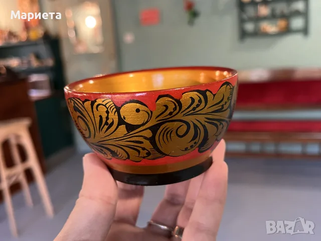 Оригинална дървена купа Хохлома от СССР с фабричен етикет