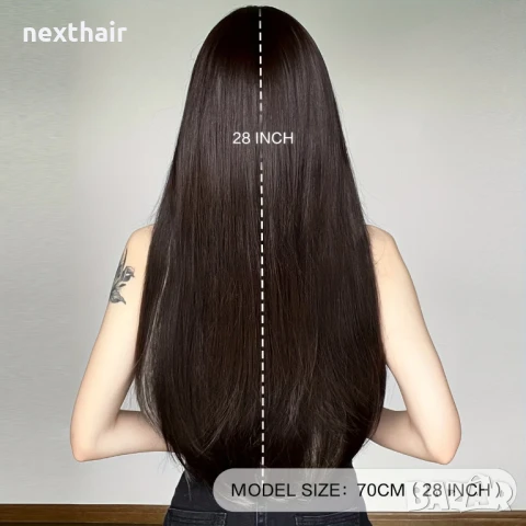 Тъмно кафява права перука с руси кичури бретон и зигзаг път, снимка 2 - Аксесоари за коса - 51048644