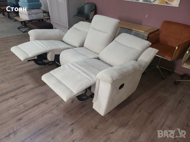 Кремав диван тройка от плат с ръчен релаксиращ механизъм, снимка 10 - Дивани и мека мебел - 53753644