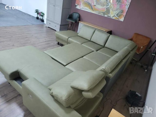 Зелен кожен П образен ъглов диван ZE-EM09002 с функция сън, снимка 7 - Дивани и мека мебел - 44244839