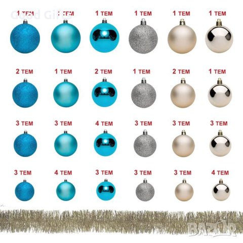 54 броя Комплект коледни топки + гирлянд, Тюркоаз и Шампанско в 4 размера, снимка 2 - Други стоки за дома - 42672516