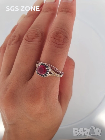 Двойни сребърни пръстени с опал и разпръснати сапфири, снимка 2 - Колиета, медальони, синджири - 52401233