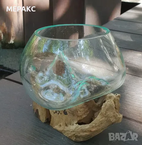 Разтопено стъкло върху дърво – малка ваза, снимка 2 - Декорация за дома - 56222441