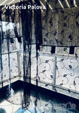 Комплект черни тюлени пердета с флорални мотиви (2 броя), снимка 6 - Пердета и завеси - 53728237