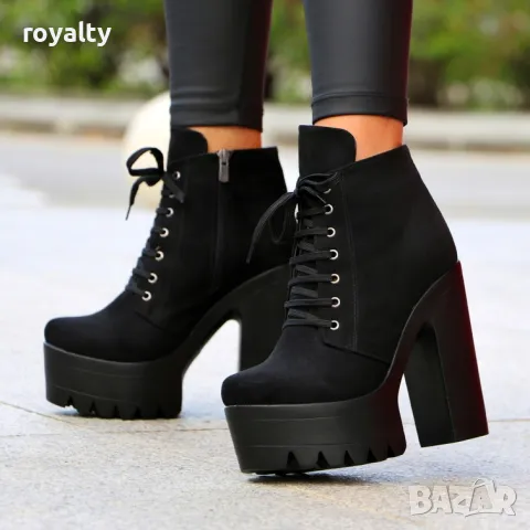 Боти на ток - черен велур с черно ходило, снимка 2 - Дамски боти - 49893904