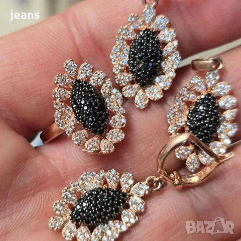 Сребърен комплект пръстен, обеци и висулка с розово покритие 175118, снимка 5 - Колиета, медальони, синджири - 50325794