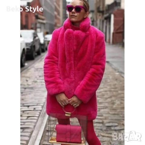 Дамско палто от плюш светлокафяво синьо циклама, снимка 7 - Палта, манта - 52190694