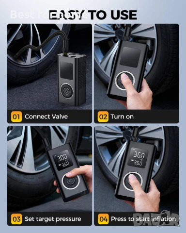 Преносим въздушен компресор за гуми с Type-C зареждане, цифров манометър, снимка 5 - Аксесоари и консумативи - 53658629