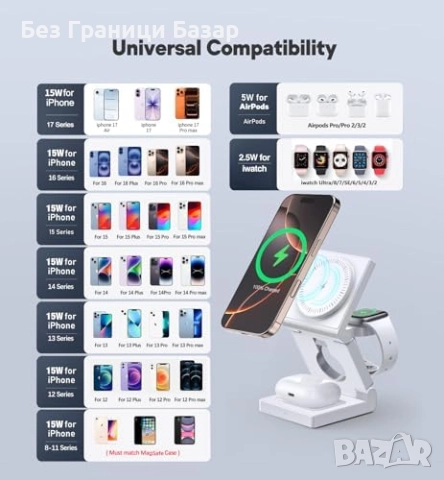 Нова 3 в 1 магнитна безжична станция 15W за iPhone Watch AirPods Айфон Слушалки Часовник, снимка 4 - Аксесоари за Apple - 52307498