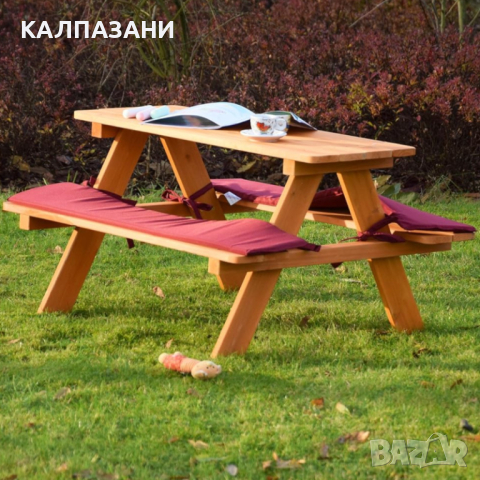 Градински Комплект GINGER HOME, Детска Маса за Пикник с Пейки и Меки Възглавници, Дървен, 89х79х50 с, снимка 12 - Други - 44670157