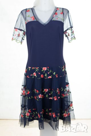 Тъмносиня рокля с тюл и бродерия Margo Collection - L/XL, снимка 2 - Рокли - 42633955
