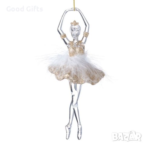 2 броя Висулки за елха, Златна балерина с рокля и пух, 18см