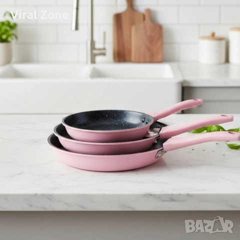 Комплект тигани Cheffinger розово с мраморно покритие – 3 части за всяка кухня - розов цвят, снимка 4 - Други стоки за дома - 53170801