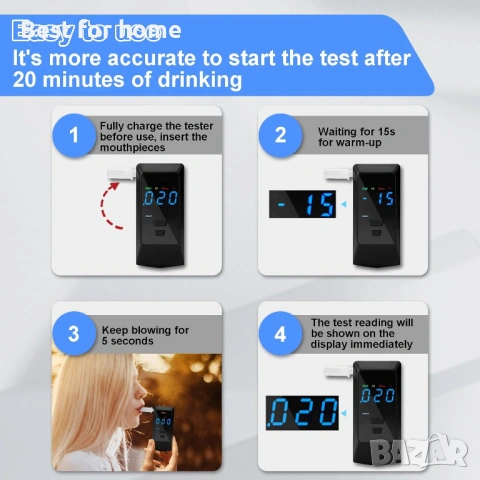 Професионален дрегер за алкохол (Breathalyzer) – Нанотехнологичен сензор, USB зареждане и 8 накрайни, снимка 6 - Друга електроника - 53275939