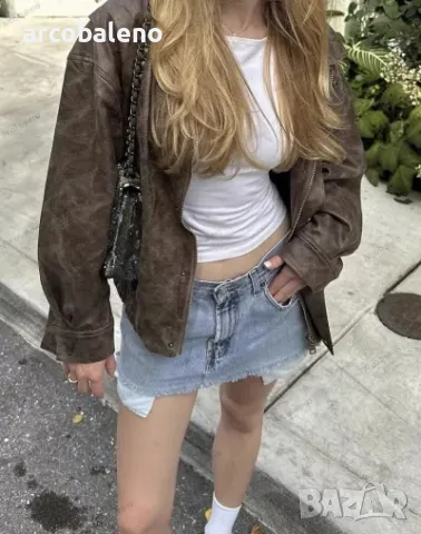 Дамско американско ретро кожено яке с ревер, 2цвята , снимка 3 - Якета - 48424962