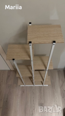 Поставка за цветя, метална, бяла, с 6 дървени рафта, 113 x 60 x 20 cm