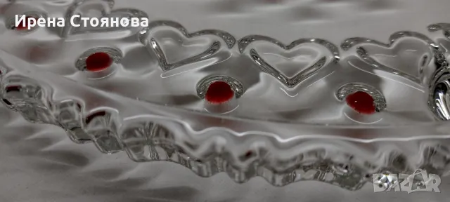 Чиния за торта/плато от кристално стъкло Walther Crystal Glas, около 1970 година "Sweetheart Ruby" , снимка 6 - Чинии - 47950424