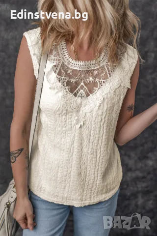 Дамски елегантен топ в бежово с ефектно бродирано деколте, снимка 1