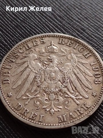 СРЕБЪРНА МОНЕТА 3 марки 1908г. ГЕРМАНСКА ИМПЕРИЯ Фридрих втори херцог на Баден УНИКАТ 34166, снимка 2 - Нумизматика и бонистика - 39695478
