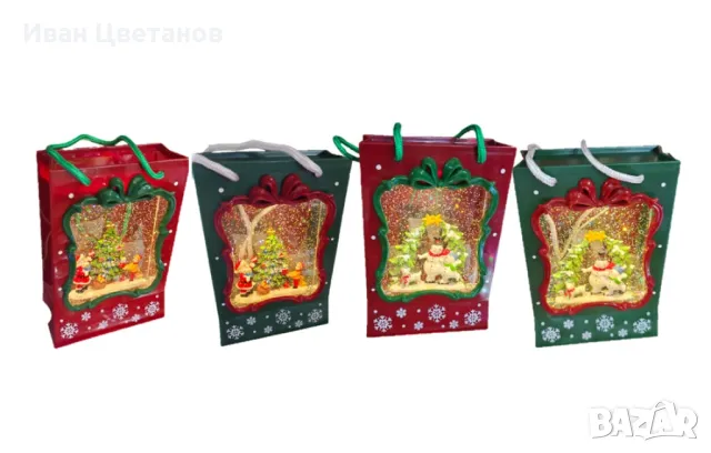 Празнична Коледна декорация във вид на подаръчна чанта със светлини и снежен ефект