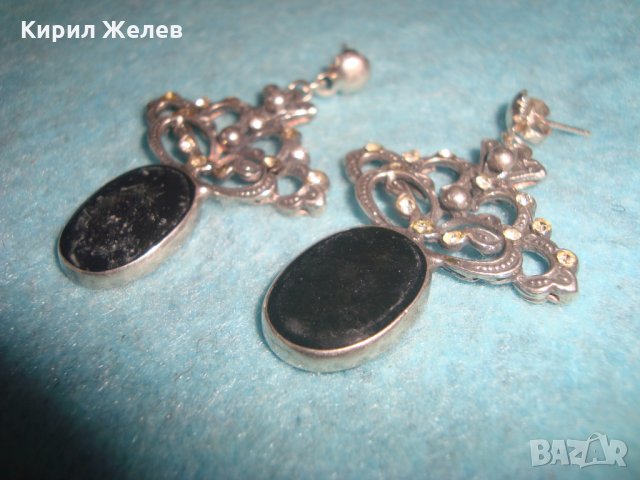 СТАРИ СКЪПОЦЕННИ СРЕБЪРНИ АртДЕКО ОБЕЦИ ОКСИДИРАНО СРЕБРО 925 с ЧЕРЕН ШЛИФОВАН ОНИКС и ЦИРКОНИ 25645, снимка 14 - Обеци - 35783930