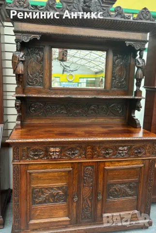 Викториански бюфет от дъб с шкаф, дърворезба и огледало, снимка 12 - Секции и витрини - 47661398