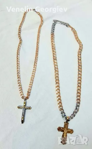 Стоманен синджир с кръс в цвят злато 2бр, 56см. / 60см., снимка 2 - Колиета, медальони, синджири - 48984381