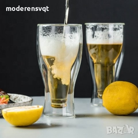 Двустенна стъклена чаша за бира с форма на обърната бутилка, снимка 2 - Чаши - 42001599