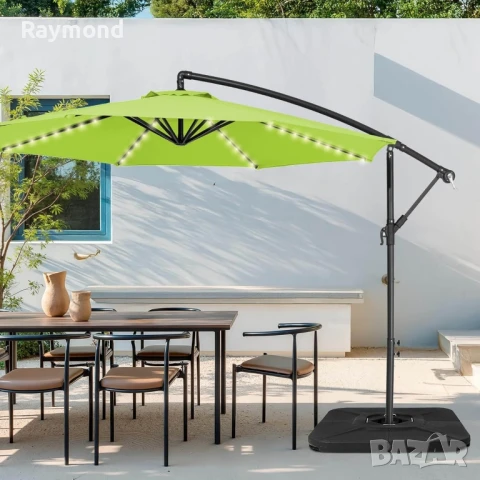 Висящ градински чадър 3м със соларни LED светлини – Зелен, снимка 6 - Градински мебели, декорация  - 51053130