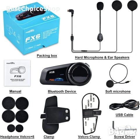 FODSPORTS FX6 Bluetooth интерком за мото каска, снимка 7 - Bluetooth слушалки - 53376039