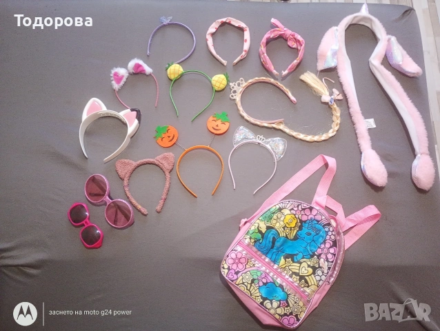 лот аксесоари за коса (диадеми), слънчеви очила, раница