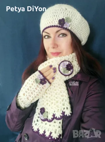 Бели ръчно плетени ръкавици без пръсти с теменужки, снимка 2 - Ръкавици - 48102683