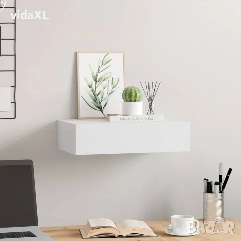 vidaXL Стенен рафт с чекмедже, бял, 40x23,5x10 см, МДФ, снимка 3 - Етажерки - 56146951