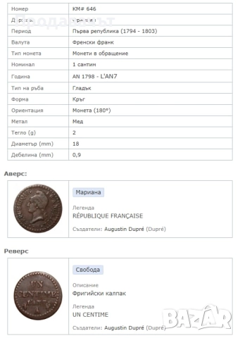 1 сантим 1798 г., Първа френска република. Рядкост!, снимка 3 - Нумизматика и бонистика - 52932644