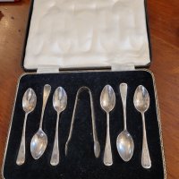 Комплект сребърни лъжички и щипка за захар, снимка 1 - Прибори за хранене, готвене и сервиране - 41875143