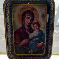Стар метален поднос икона тава религия богородица, снимка 3 - Антикварни и старинни предмети - 36129270