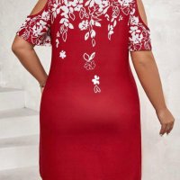 Красива еластична рокля в червено на бели цветя с голи рамене, снимка 2 - Рокли - 42227523