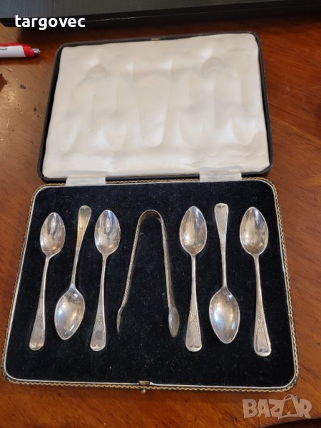 Комплект сребърни лъжички и щипка за захар, снимка 1