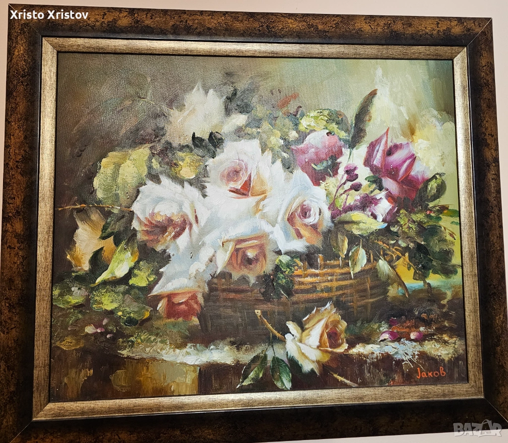 Маслена картина -кошница с рози, снимка 1
