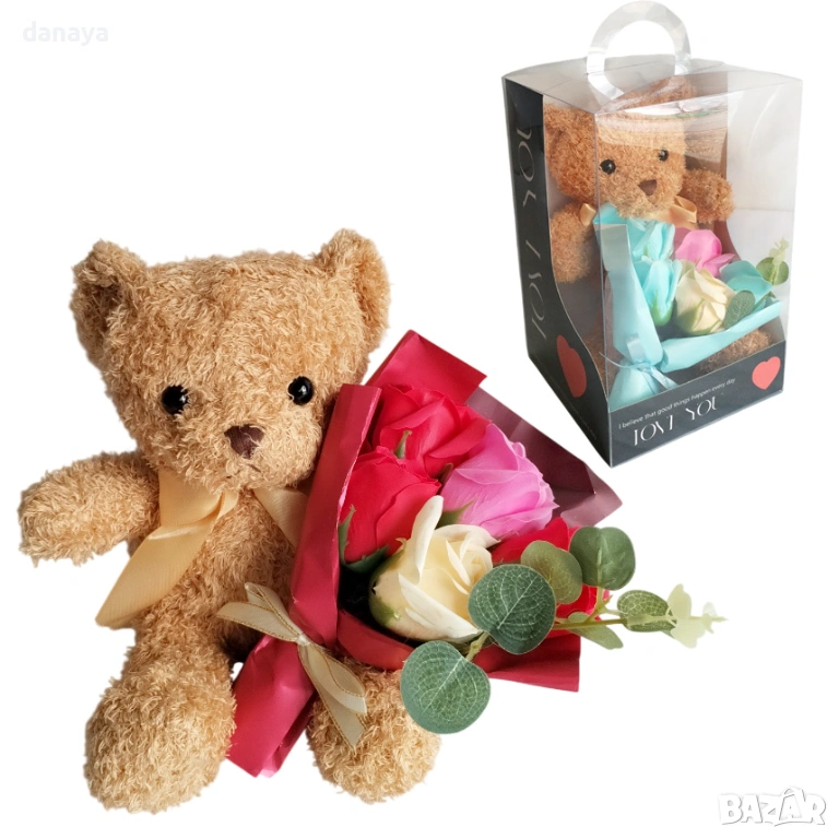 6376 Плюшено мече с букет рози в подаръчна кутия, романтичен подарък, 27 см, снимка 1